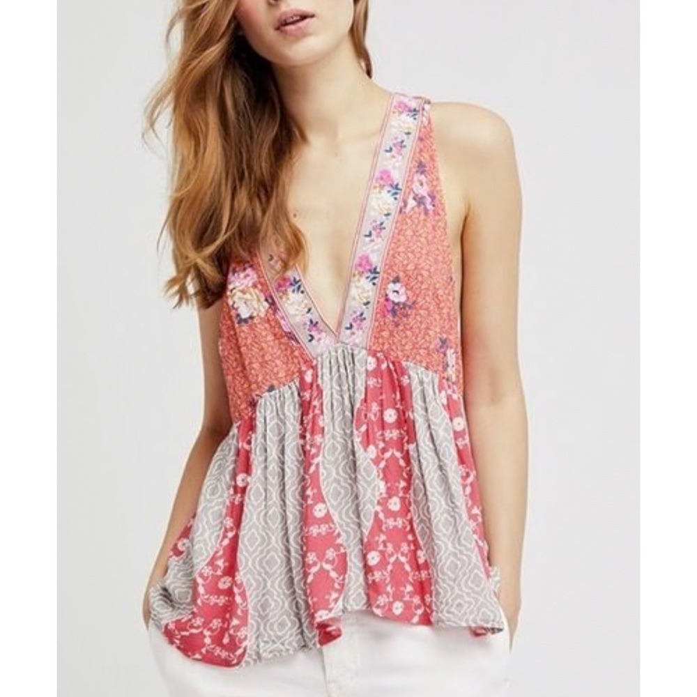 Free People Mixed Floral Patchwork Babydoll Tank Top Orange Red XS